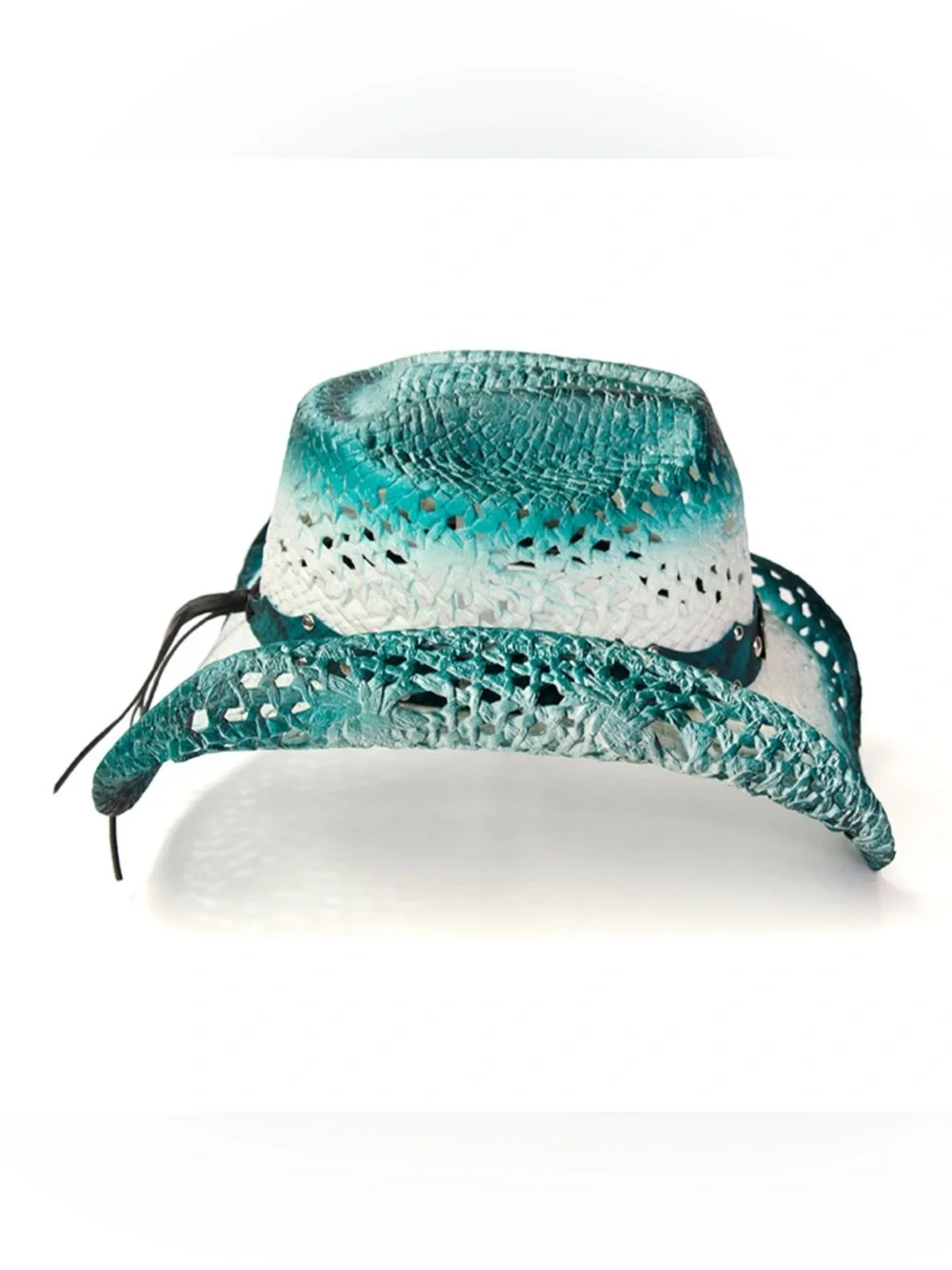 S/M Nu Shuz Key West Aqua Blue Green Ombre Concho Band Woven Straw Cowboy Hat